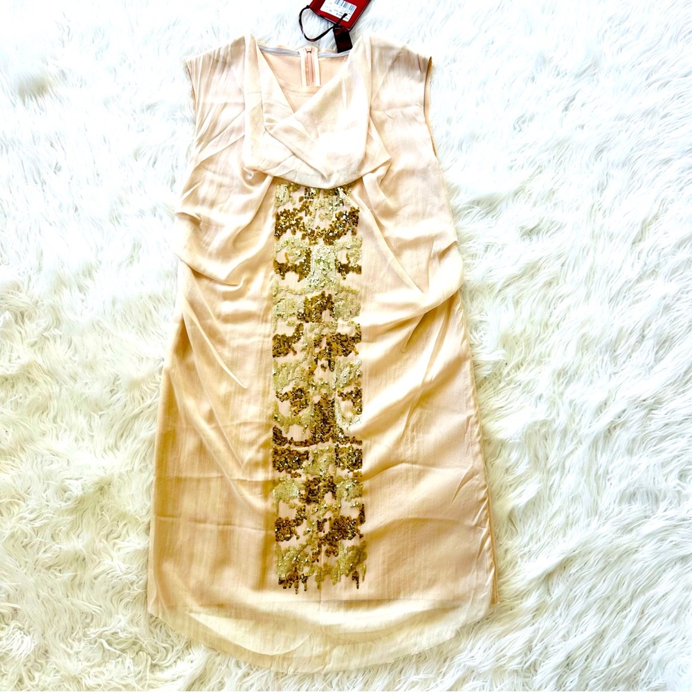 Dundup Silk Sleeveless Dress Gold Sequin Made In Italy Large